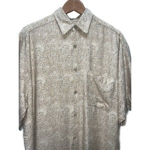 J. Ferrar Shirt Sleeve Button Down Paisley Tan White Shirt Rayon Size M